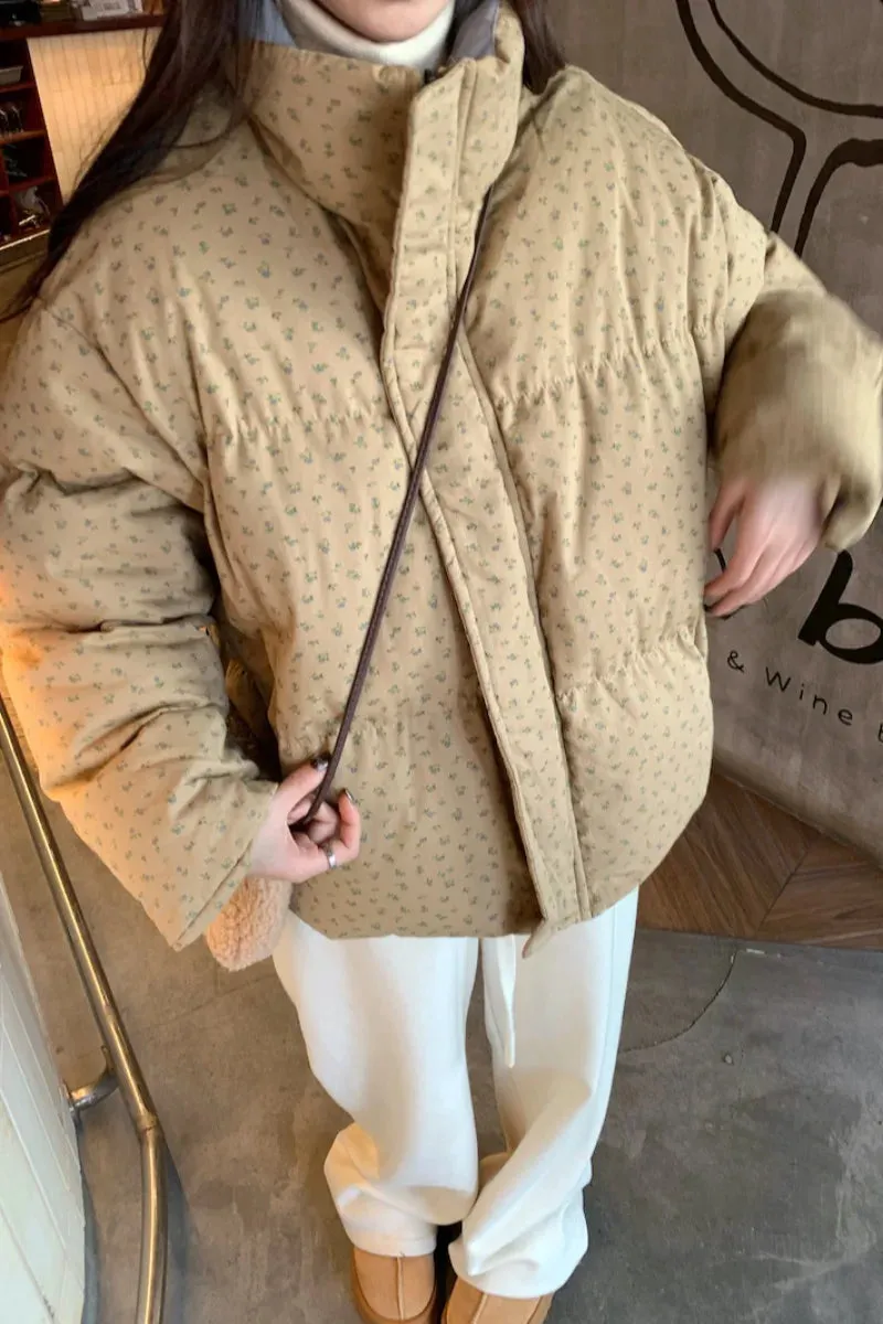 Advbridge -  Korean Sweet Hot Girl Flower Print Cotton Coat Women's Winter Thickened and Warm Stand Collar Loose Coat Fashion Female Clothes