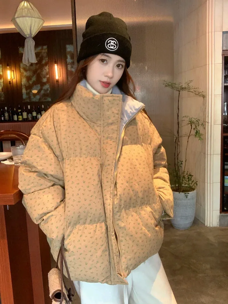 Advbridge -  Korean Sweet Hot Girl Flower Print Cotton Coat Women's Winter Thickened and Warm Stand Collar Loose Coat Fashion Female Clothes