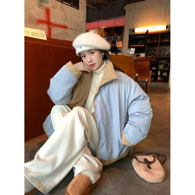 Advbridge -  Korean Sweet Hot Girl Flower Print Cotton Coat Women's Winter Thickened and Warm Stand Collar Loose Coat Fashion Female Clothes