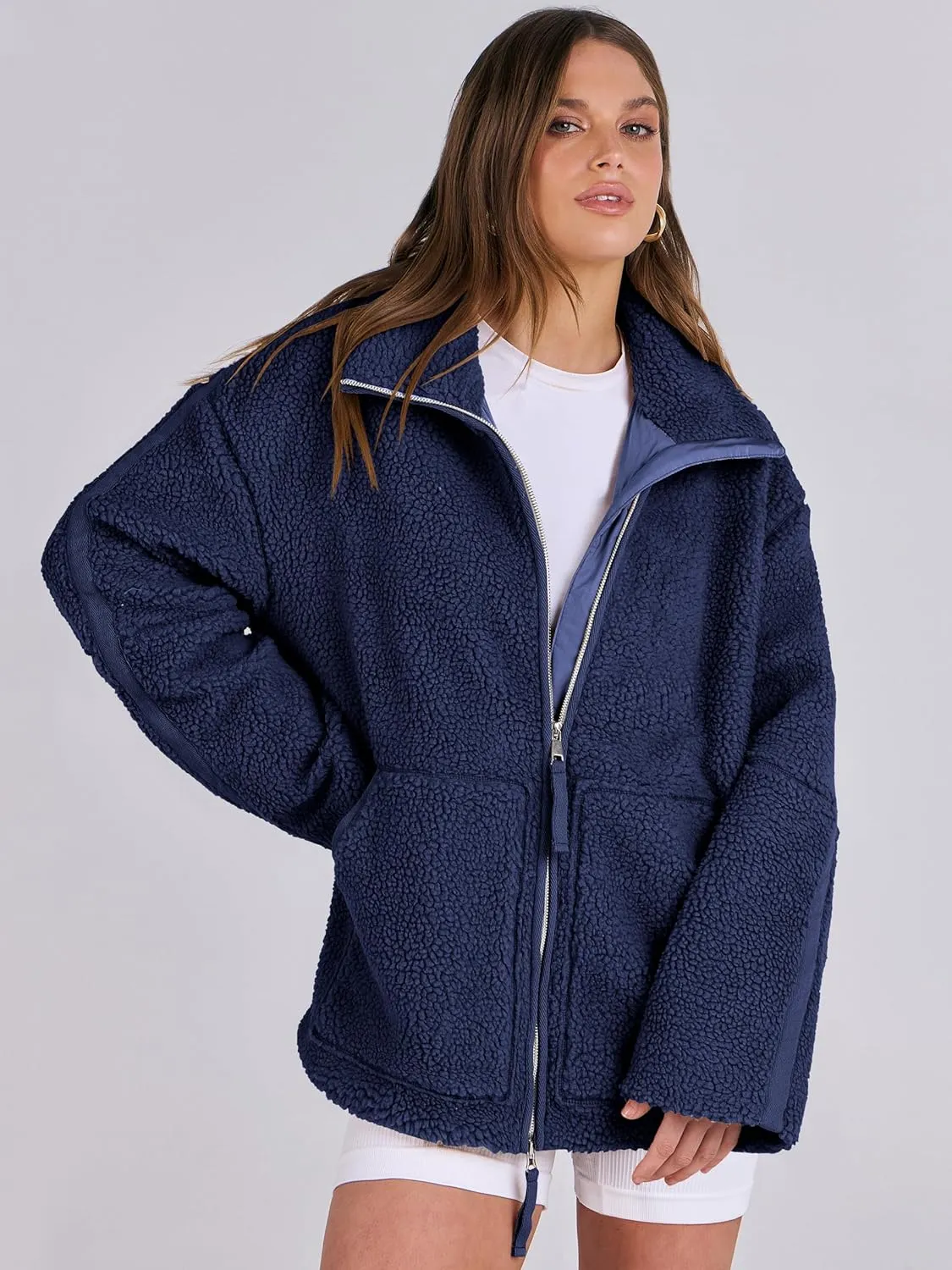 ANRABESS Womens Fleece Jacket Oversized Zip Up Sherpa Fuzzy Casual Coats Winter Fall Outerwear 2024 Clothes with Pockets