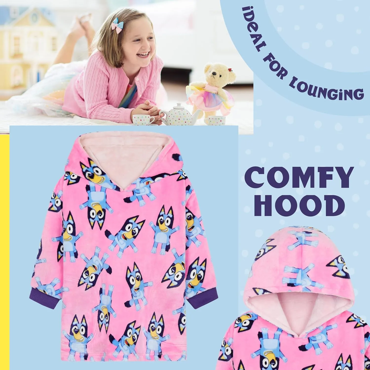 Bluey Blanket Hoodie for Kids Cozy Warm Fleece Wearable Blanket Girls Gifts