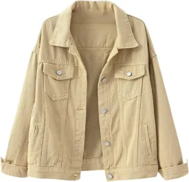 Bomber Jackets for Women Solid Button Down Jeans Denim Jackets Plus Size Trendy Casual Oversized Coat with Pockets