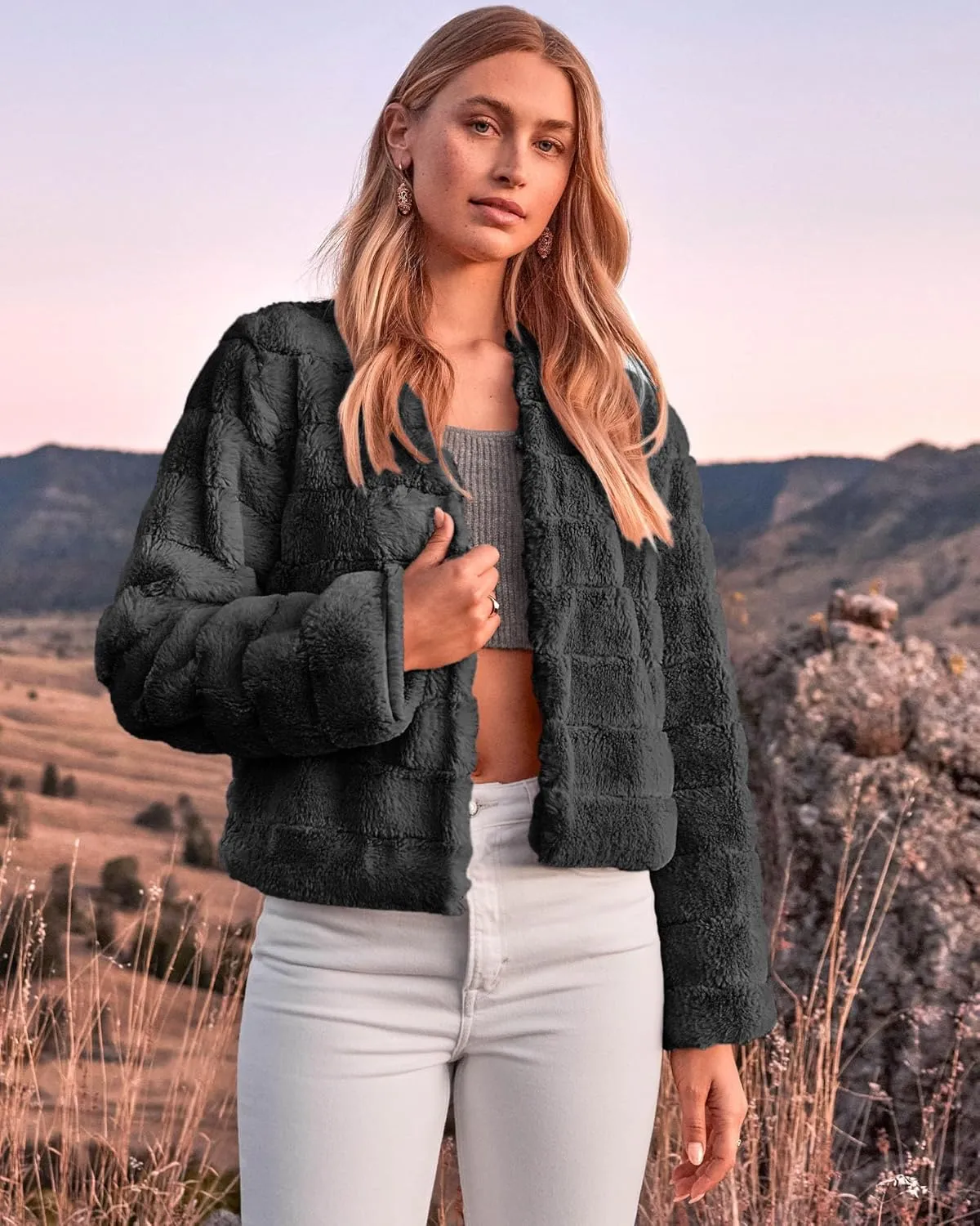 BTFBM Womens Faux Fur Cropped Jacket Fall Winter Fashion 2025 Soft Long Sleeve Open Front Fluffy Short Coat Outerwear
