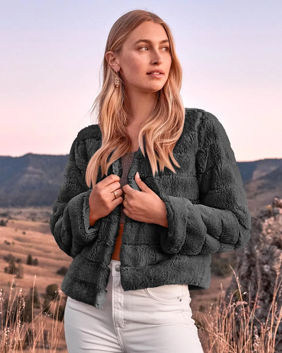 BTFBM Womens Faux Fur Cropped Jacket Fall Winter Fashion 2025 Soft Long Sleeve Open Front Fluffy Short Coat Outerwear