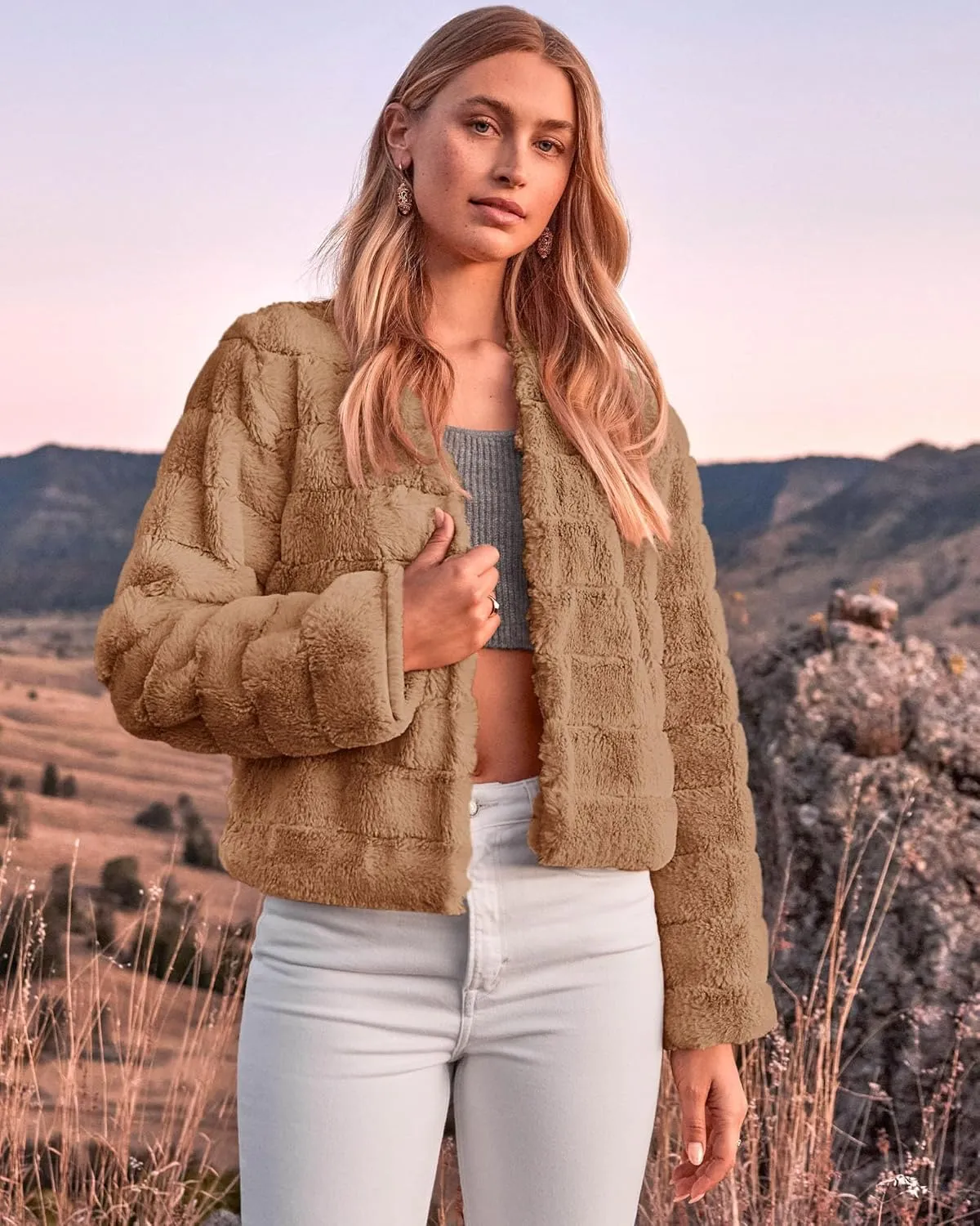 BTFBM Womens Faux Fur Cropped Jacket Fall Winter Fashion 2025 Soft Long Sleeve Open Front Fluffy Short Coat Outerwear