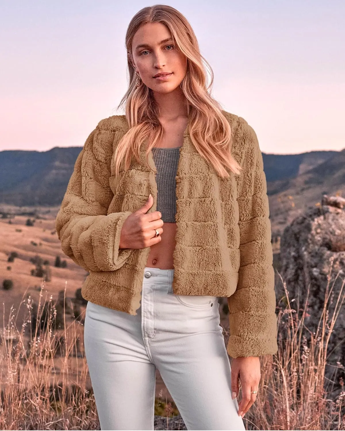 BTFBM Womens Faux Fur Cropped Jacket Fall Winter Fashion 2025 Soft Long Sleeve Open Front Fluffy Short Coat Outerwear