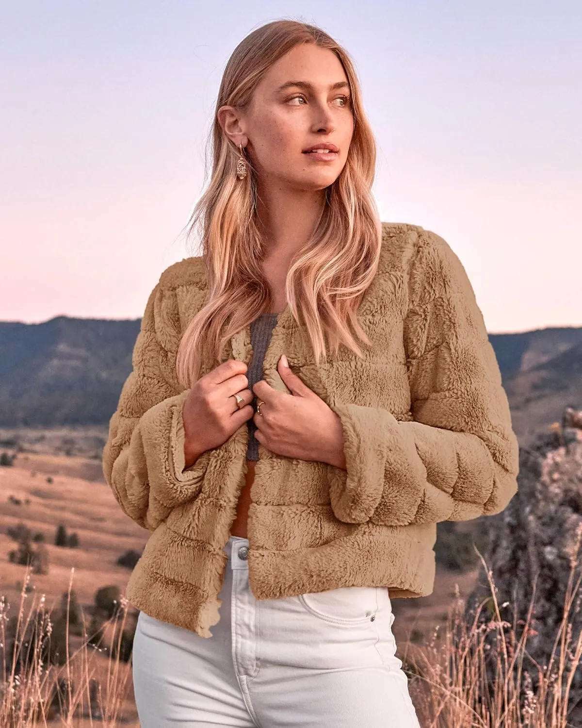 BTFBM Womens Faux Fur Cropped Jacket Fall Winter Fashion 2025 Soft Long Sleeve Open Front Fluffy Short Coat Outerwear