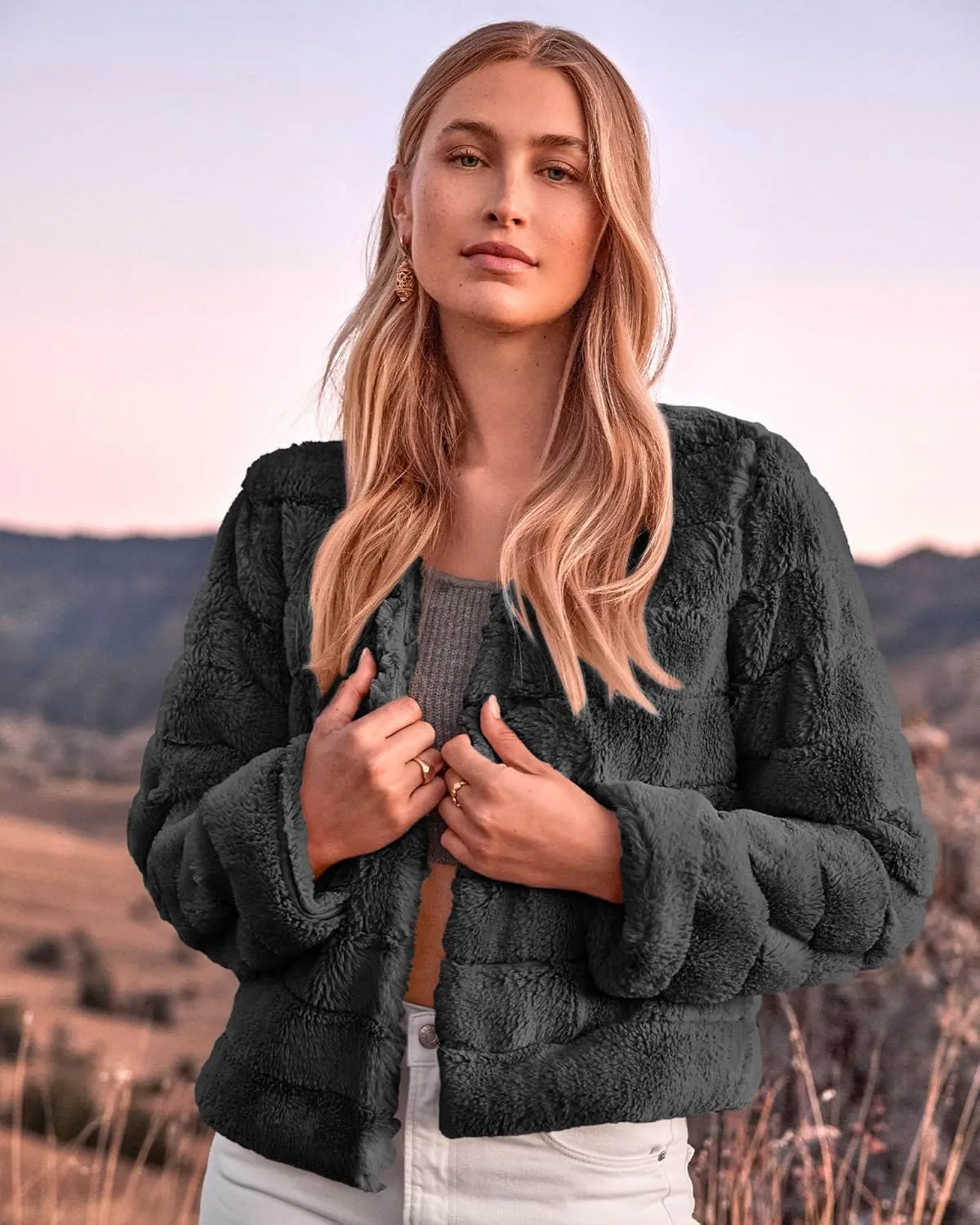 BTFBM Womens Faux Fur Cropped Jacket Fall Winter Fashion 2025 Soft Long Sleeve Open Front Fluffy Short Coat Outerwear