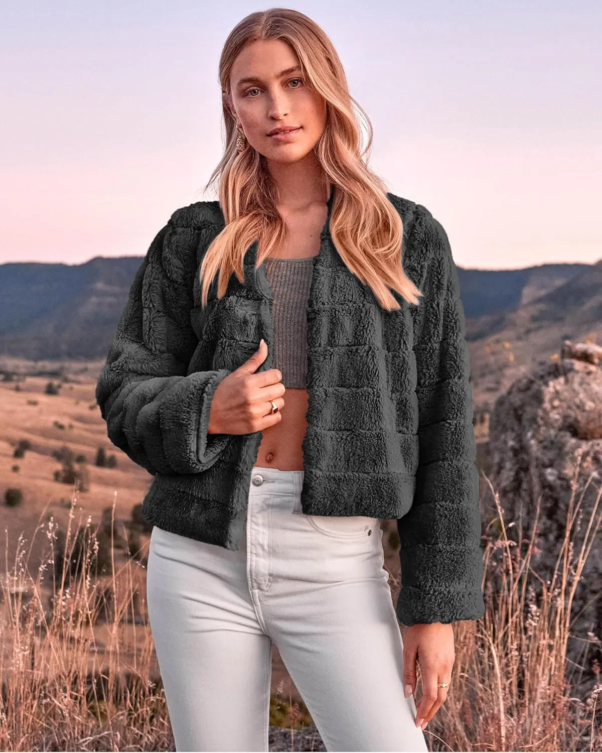BTFBM Womens Faux Fur Cropped Jacket Fall Winter Fashion 2025 Soft Long Sleeve Open Front Fluffy Short Coat Outerwear