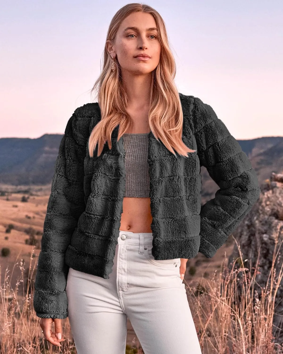 BTFBM Womens Faux Fur Cropped Jacket Fall Winter Fashion 2025 Soft Long Sleeve Open Front Fluffy Short Coat Outerwear