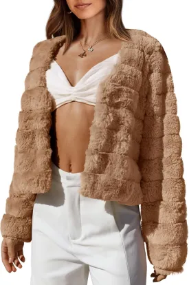 BTFBM Womens Faux Fur Cropped Jacket Fall Winter Fashion 2025 Soft Long Sleeve Open Front Fluffy Short Coat Outerwear