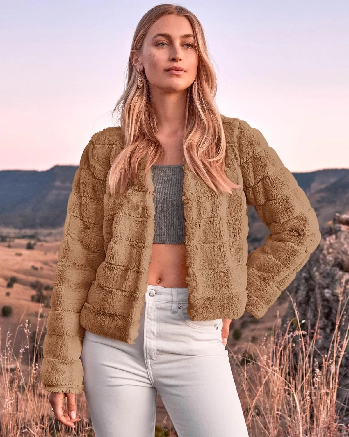 BTFBM Womens Faux Fur Cropped Jacket Fall Winter Fashion 2025 Soft Long Sleeve Open Front Fluffy Short Coat Outerwear