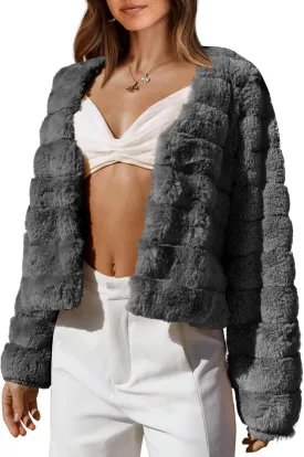 BTFBM Womens Faux Fur Cropped Jacket Fall Winter Fashion 2025 Soft Long Sleeve Open Front Fluffy Short Coat Outerwear