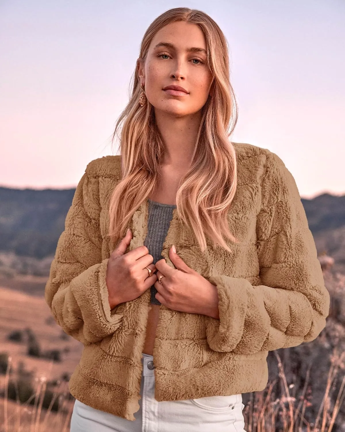 BTFBM Womens Faux Fur Cropped Jacket Fall Winter Fashion 2025 Soft Long Sleeve Open Front Fluffy Short Coat Outerwear