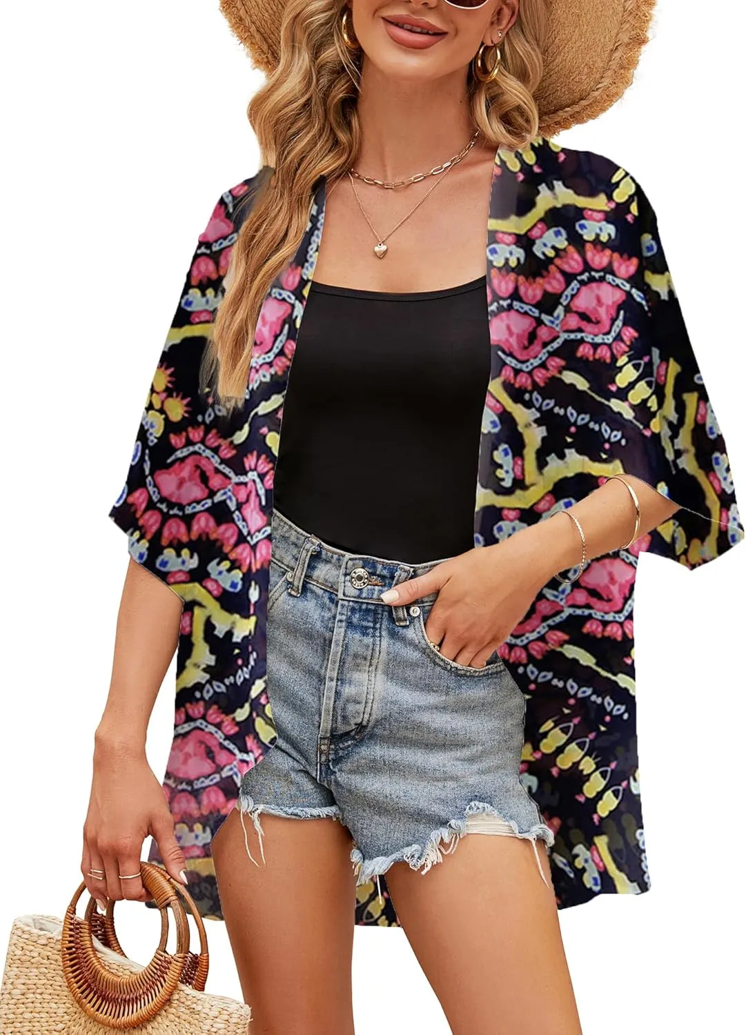 Chunoy Women Chiffon Kimono Cardigan Short Sleeve Open Front Tops Beach Wear Cover Up