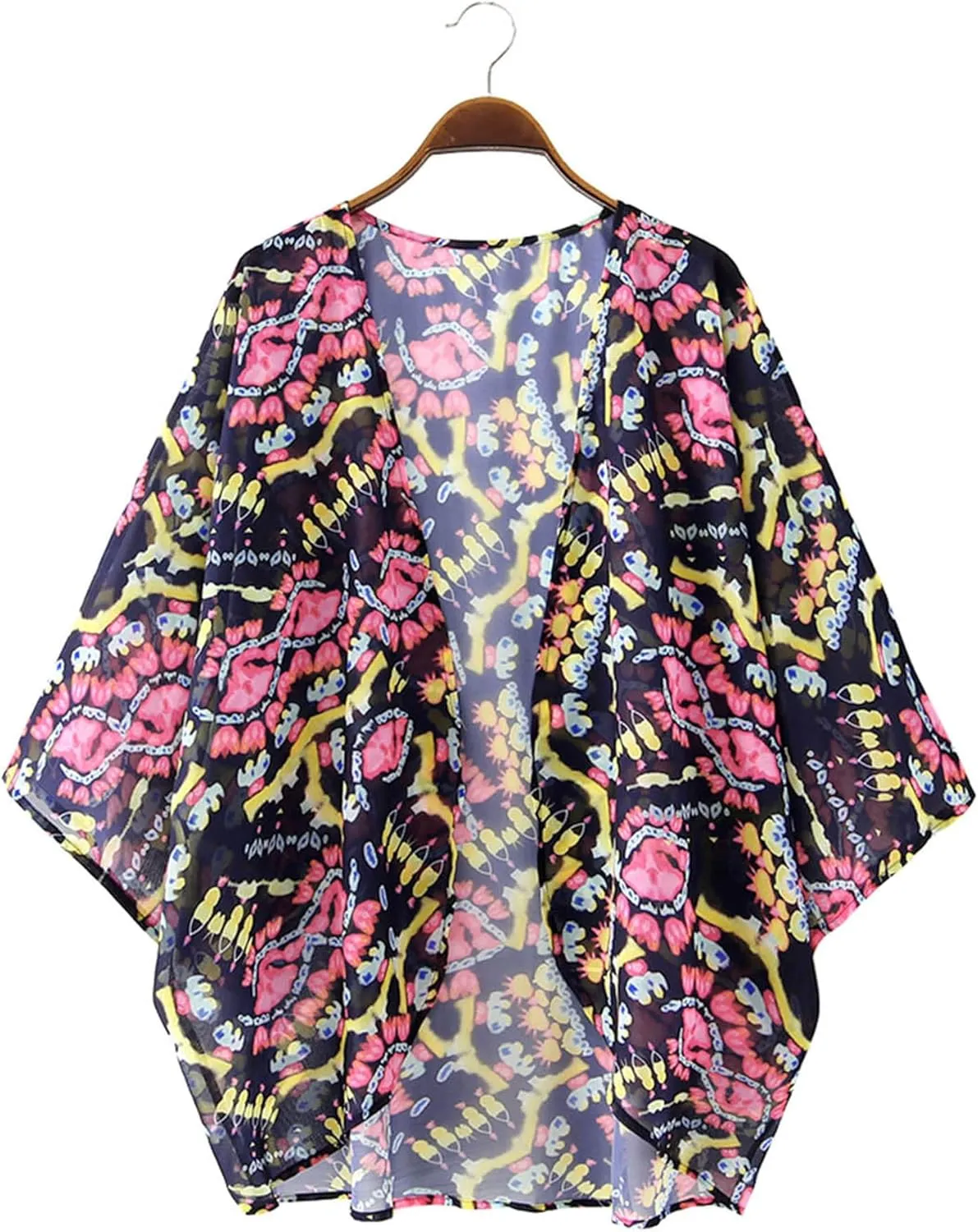 Chunoy Women Chiffon Kimono Cardigan Short Sleeve Open Front Tops Beach Wear Cover Up