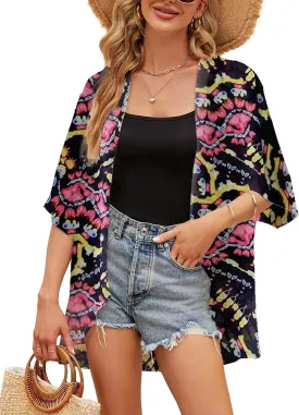 Chunoy Women Chiffon Kimono Cardigan Short Sleeve Open Front Tops Beach Wear Cover Up
