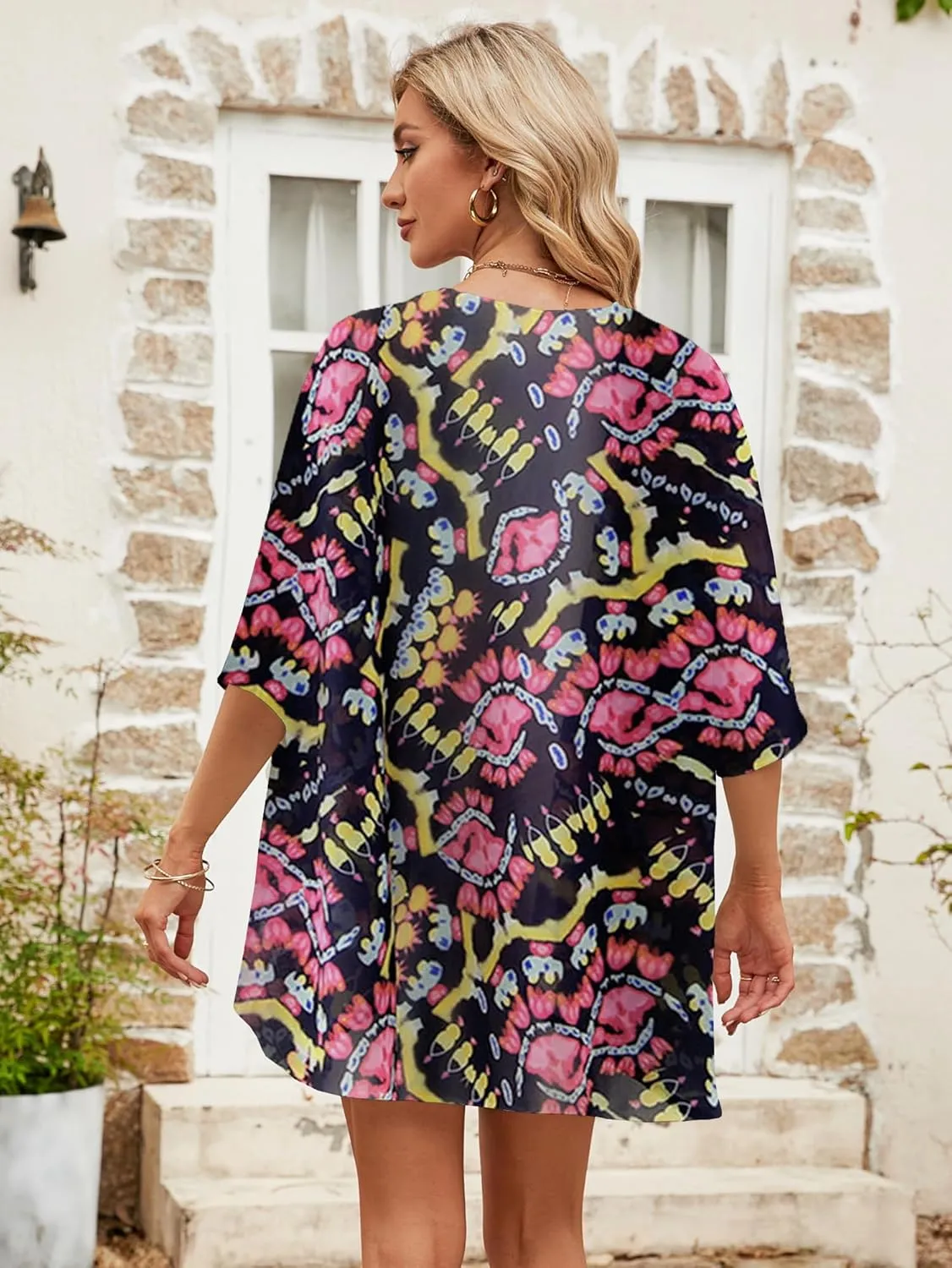 Chunoy Women Chiffon Kimono Cardigan Short Sleeve Open Front Tops Beach Wear Cover Up