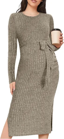 Crewneck Maternity Dress Rib Knit Long Sleeve Photoshoot Baby Shower Dresses Slit Pregnancy Sweater Clothes with Belt