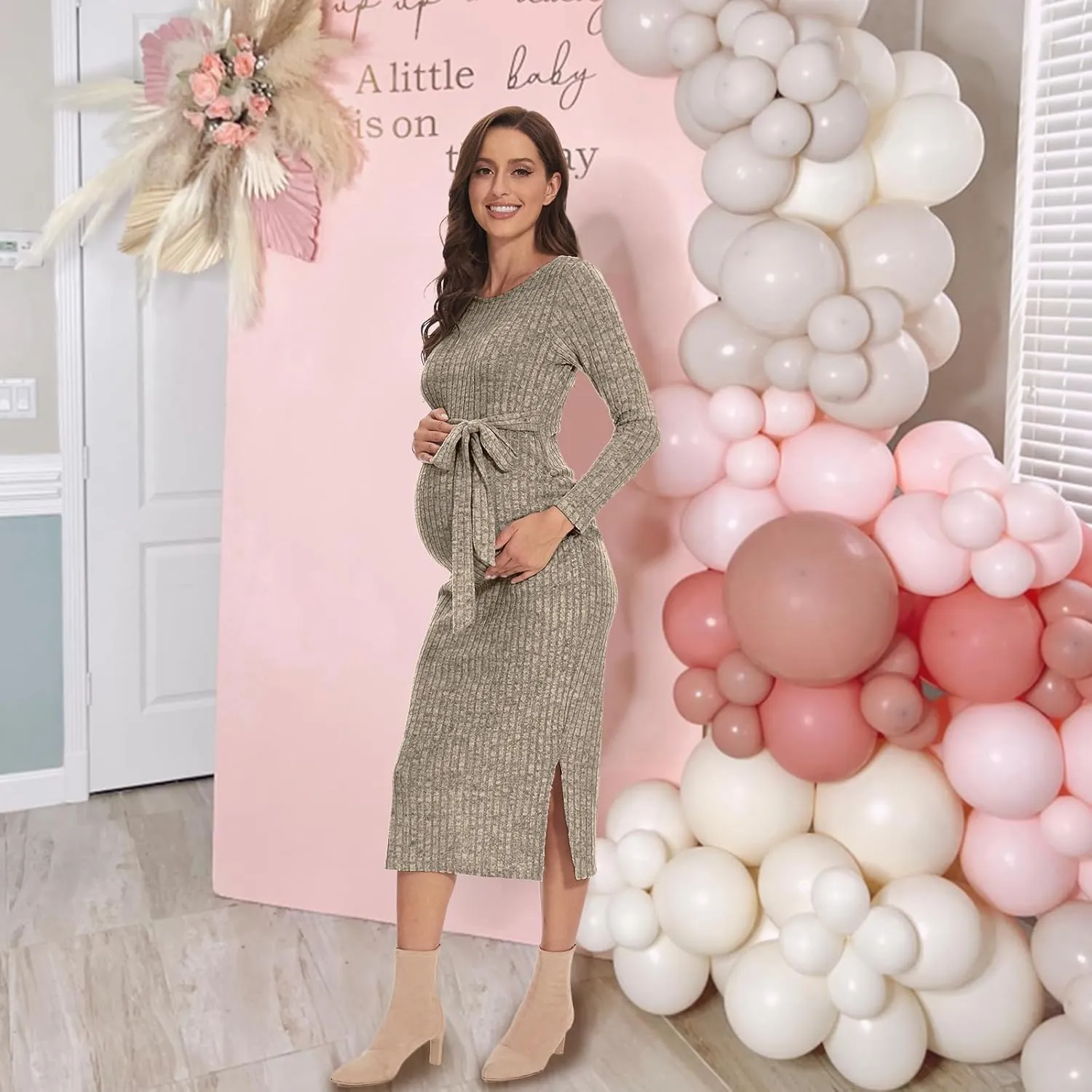 Crewneck Maternity Dress Rib Knit Long Sleeve Photoshoot Baby Shower Dresses Slit Pregnancy Sweater Clothes with Belt
