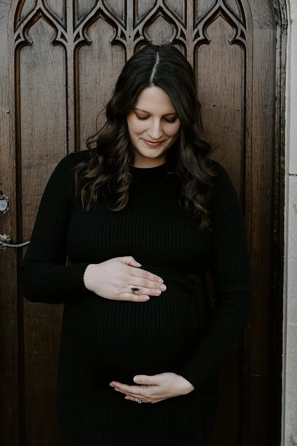 Crewneck Maternity Dress Rib Knit Long Sleeve Photoshoot Baby Shower Dresses Slit Pregnancy Sweater Clothes with Belt