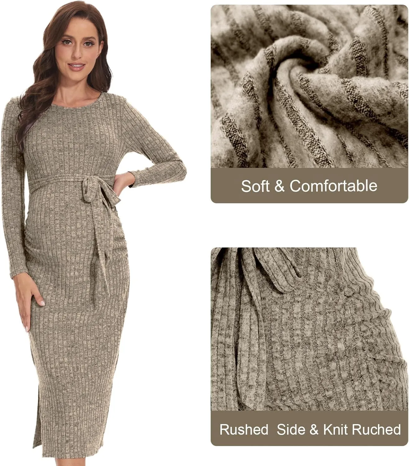 Crewneck Maternity Dress Rib Knit Long Sleeve Photoshoot Baby Shower Dresses Slit Pregnancy Sweater Clothes with Belt