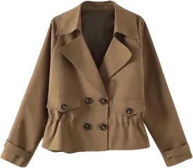 Cropped Trench Coat for Women Plus Size Notch Lapel Jackets Single-Breasted Ruffled Drawstring Hem Pea Coat Overcoat