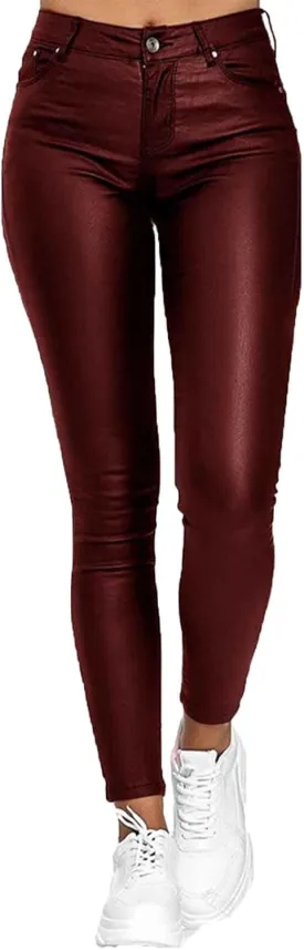 Faux Leather Leggings for Women High Waisted Pants with Pocket Stretch Leggings Trendy Spring Pant Tight Long Trouser