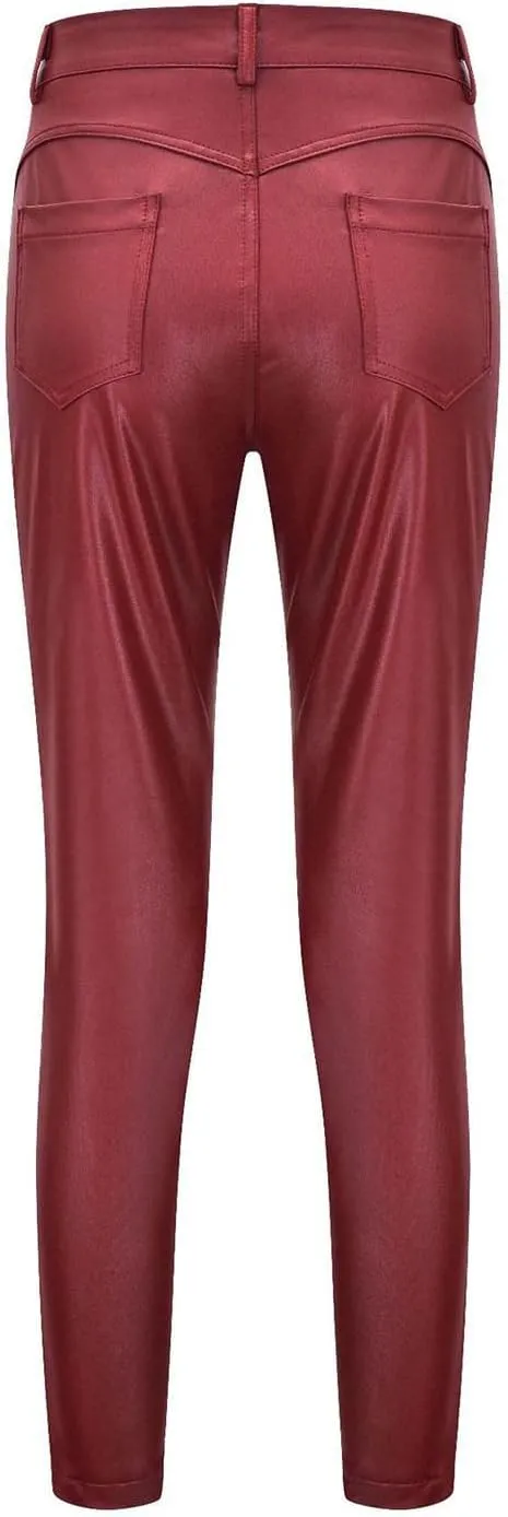 Faux Leather Leggings for Women High Waisted Pants with Pocket Stretch Leggings Trendy Spring Pant Tight Long Trouser