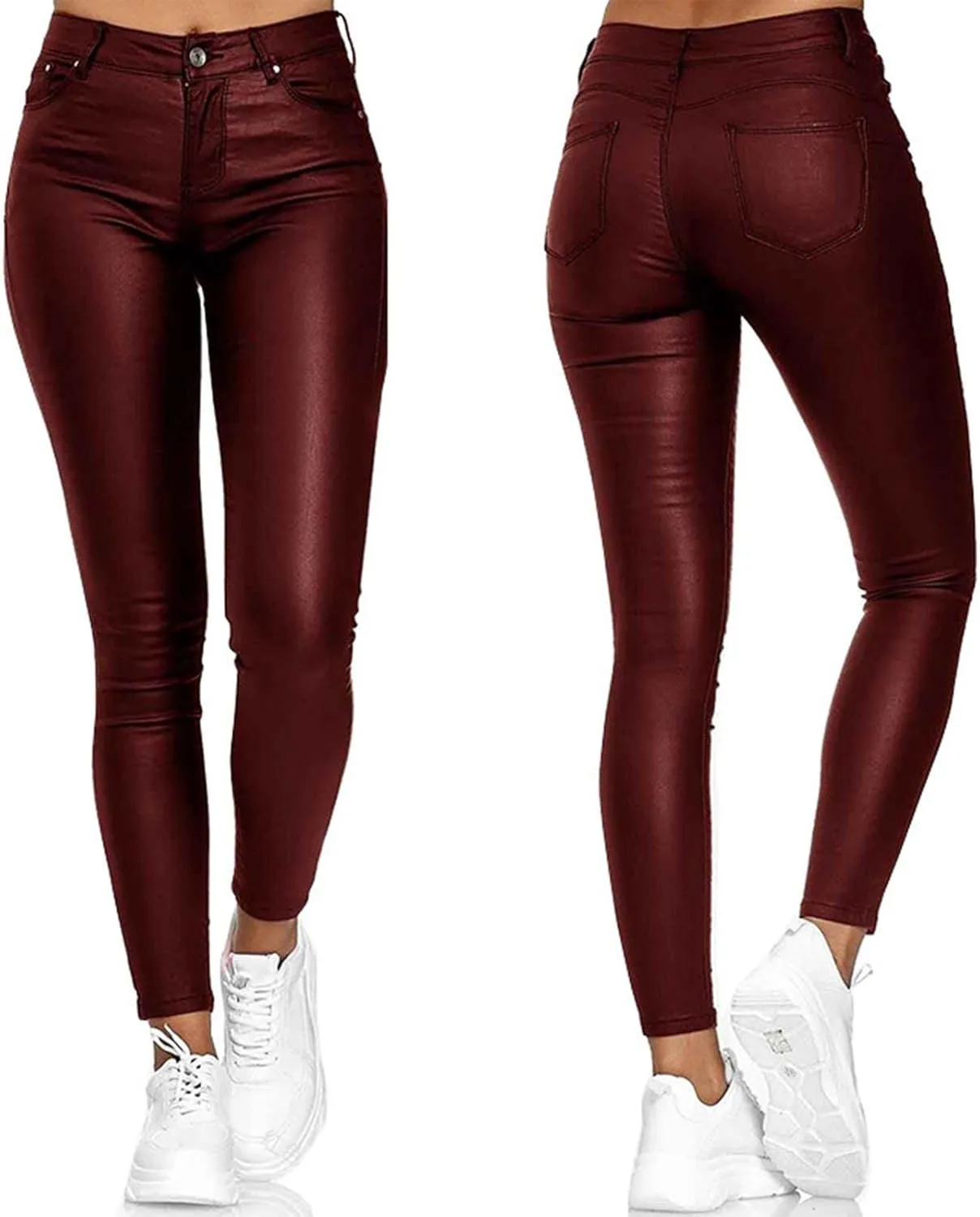 Faux Leather Leggings for Women High Waisted Pants with Pocket Stretch Leggings Trendy Spring Pant Tight Long Trouser