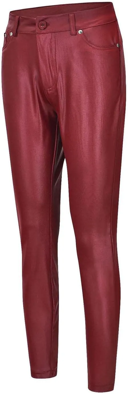 Faux Leather Leggings for Women High Waisted Pants with Pocket Stretch Leggings Trendy Spring Pant Tight Long Trouser