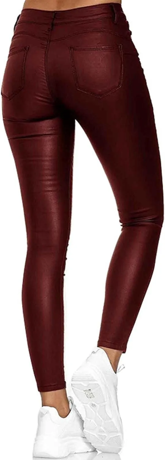 Faux Leather Leggings for Women High Waisted Pants with Pocket Stretch Leggings Trendy Spring Pant Tight Long Trouser