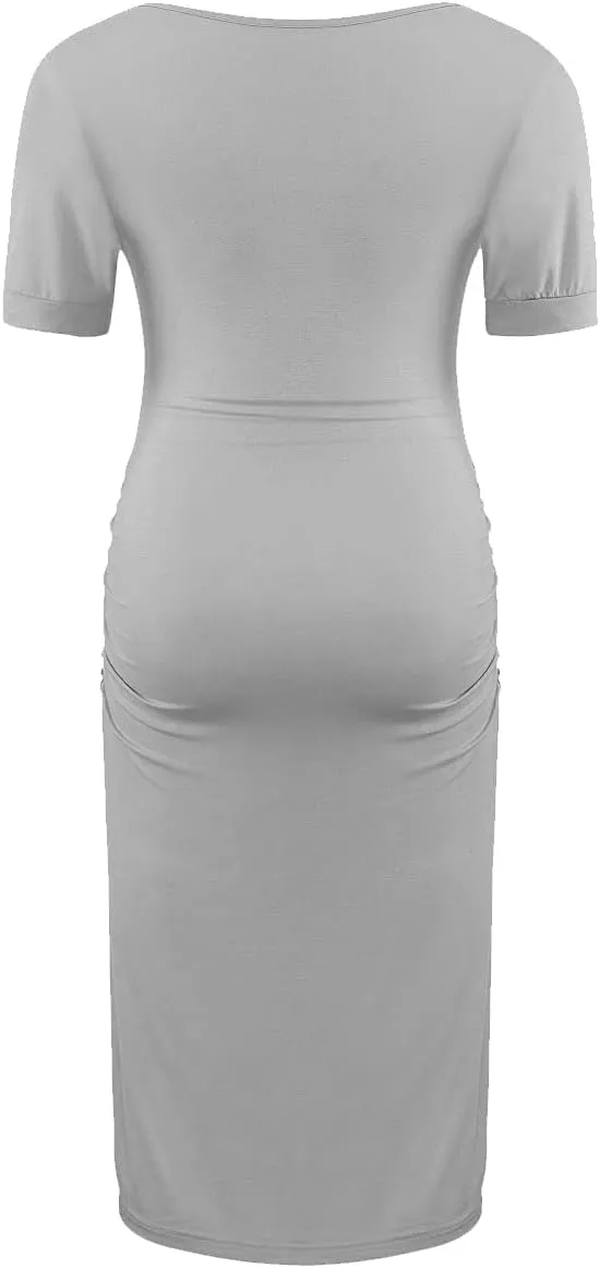 Floral & Solid Maternity Dress, Ruched Side Bodycon Pregnancy Dress for Casual Wear/Baby Shower/Photoshoot
