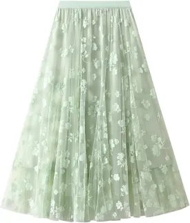 French Style Mesh Splicing Flocking Large Hem Skirt for Women 2024 Waist Slimming A Line Skirt Ruffle