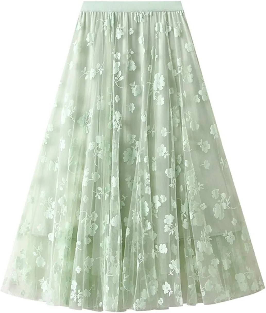 French Style Mesh Splicing Flocking Large Hem Skirt for Women 2024 Waist Slimming A Line Skirt Ruffle