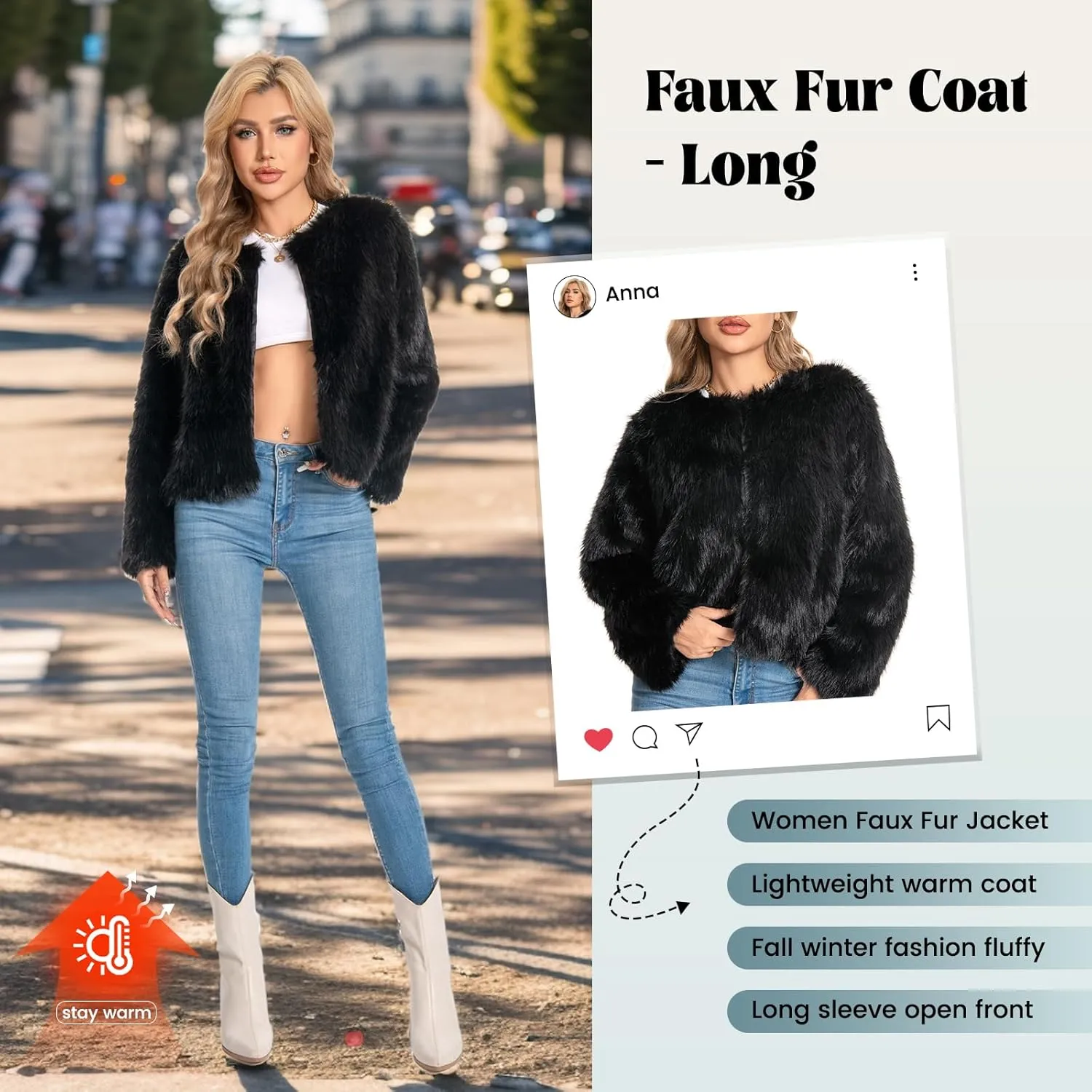 Fur Coat for Women,Faux Furry Long Sleeve Cropped Fluffy Jacket Open Front Coat Shaggy Warm Fall Winter Outerwear.