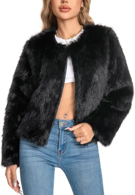 Fur Coat for Women,Faux Furry Long Sleeve Cropped Fluffy Jacket Open Front Coat Shaggy Warm Fall Winter Outerwear.