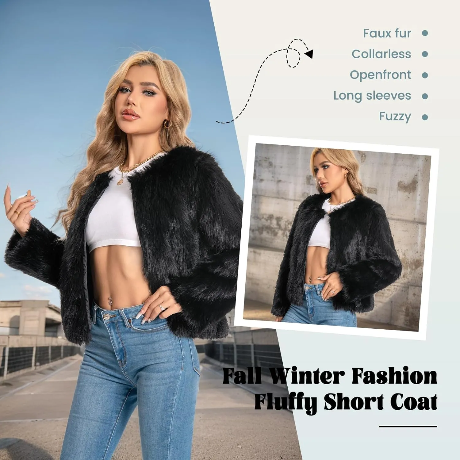 Fur Coat for Women,Faux Furry Long Sleeve Cropped Fluffy Jacket Open Front Coat Shaggy Warm Fall Winter Outerwear.
