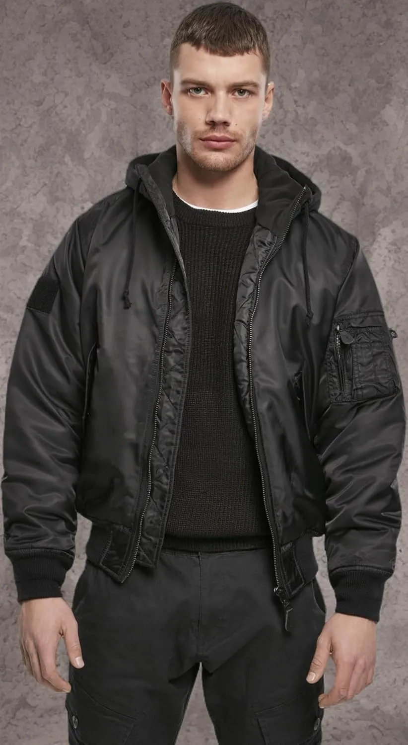 Individual Wear Men's MA1 Wind/Water-Resistant Casual Outdoor Hooded Bomber Jacket with Warm Lining & Knitted Collar