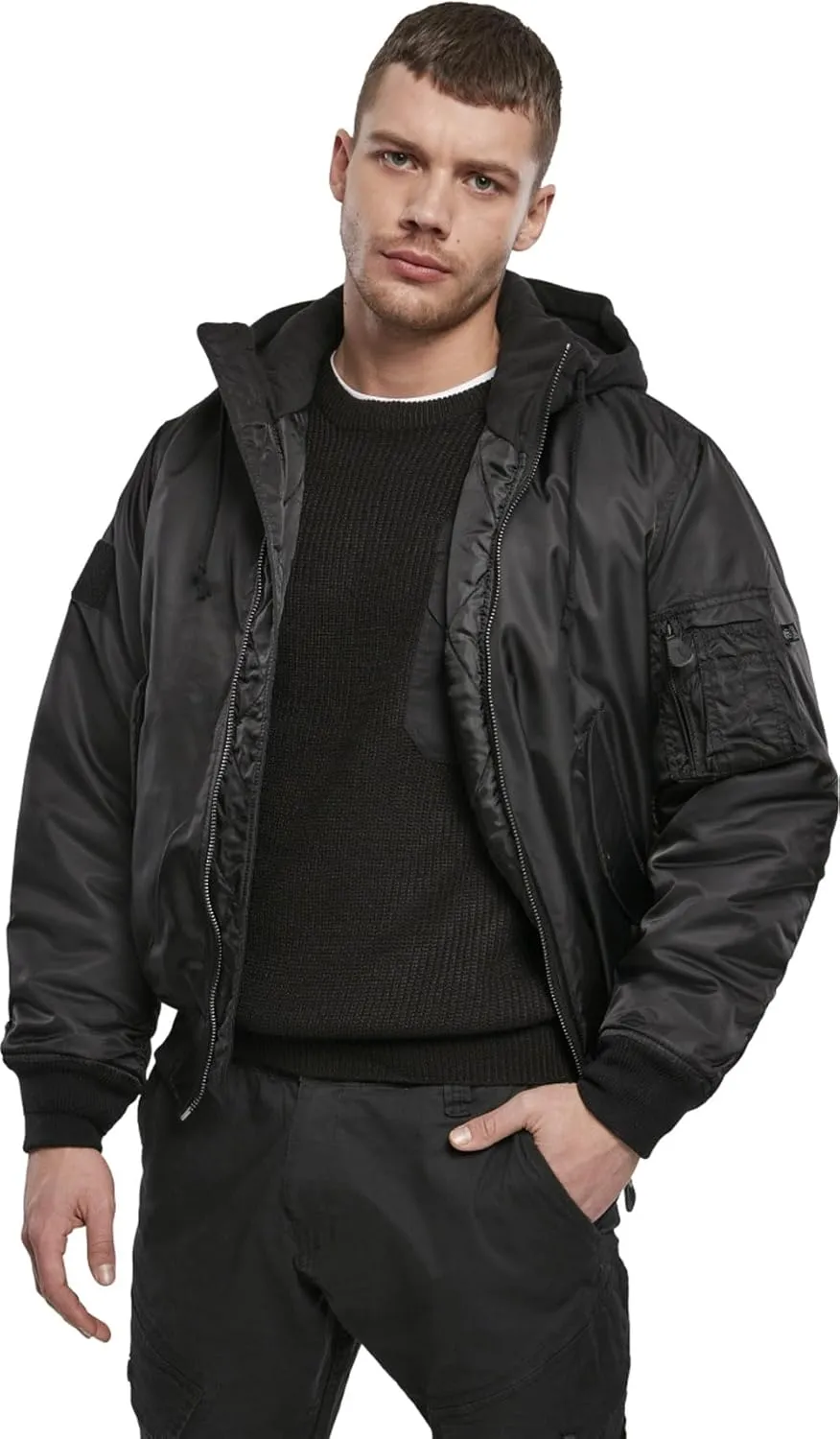 Individual Wear Men's MA1 Wind/Water-Resistant Casual Outdoor Hooded Bomber Jacket with Warm Lining & Knitted Collar