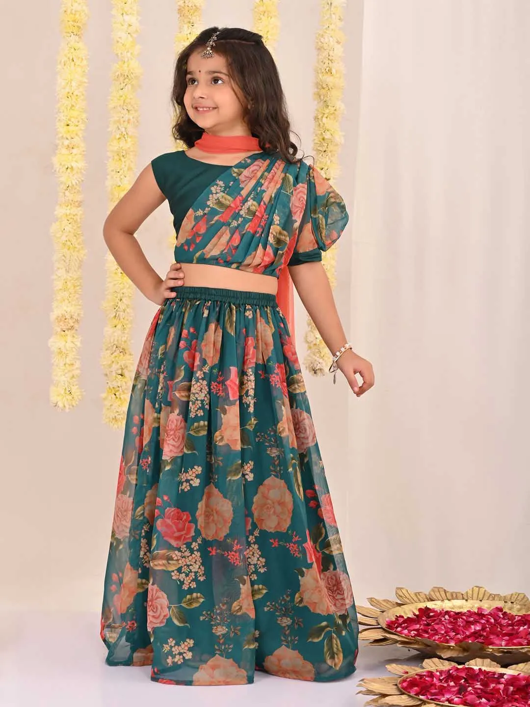 Jashvi Girls'  Green Printed Organza Lehenga With Dupatta Set