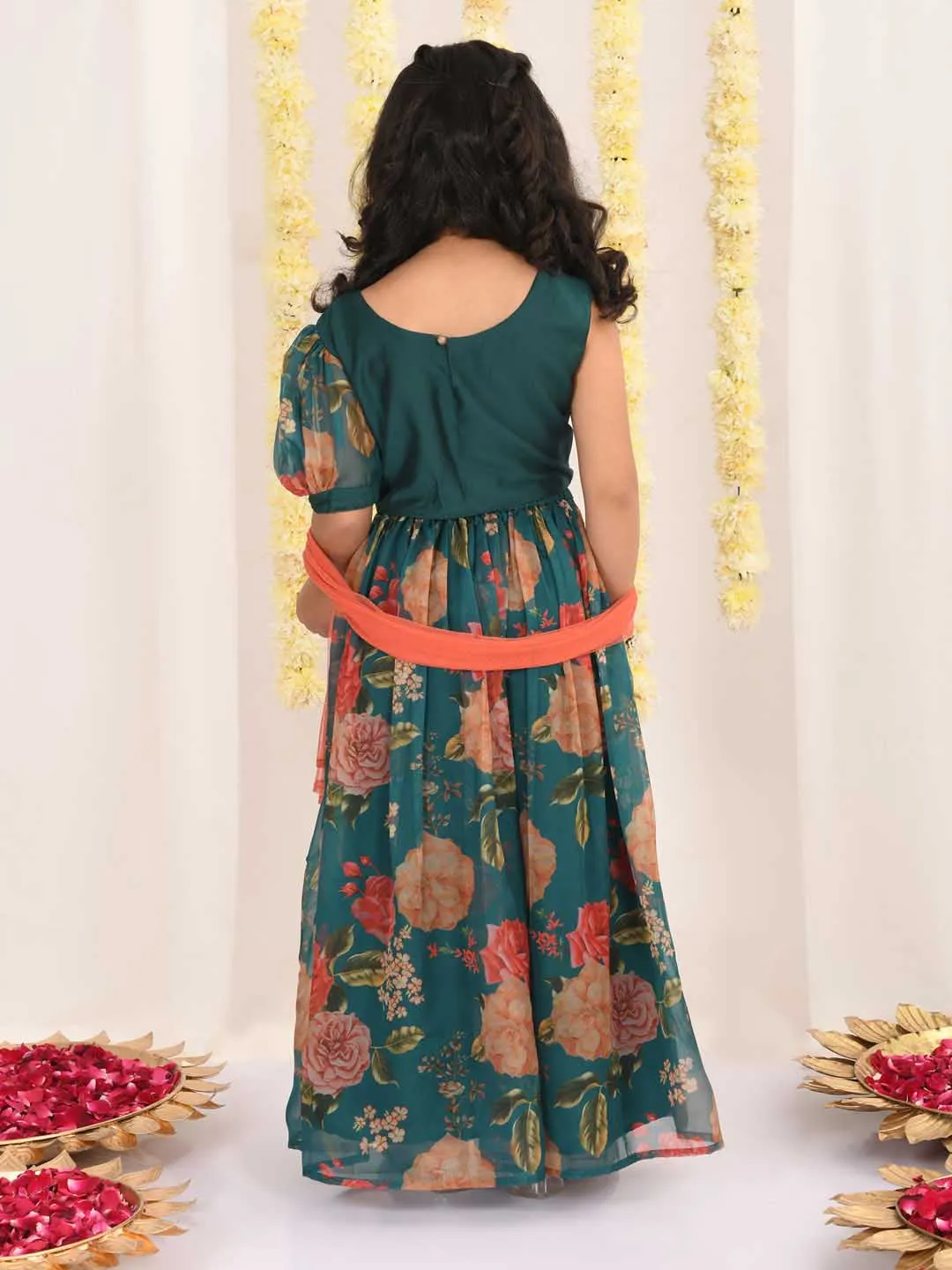 Jashvi Girls'  Green Printed Organza Lehenga With Dupatta Set