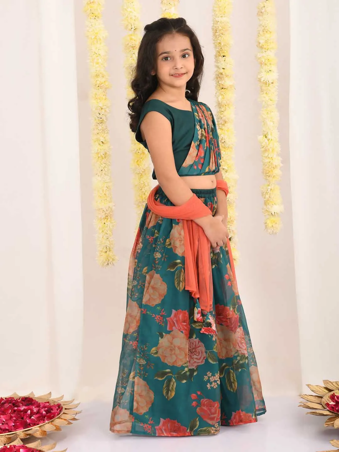 Jashvi Girls'  Green Printed Organza Lehenga With Dupatta Set