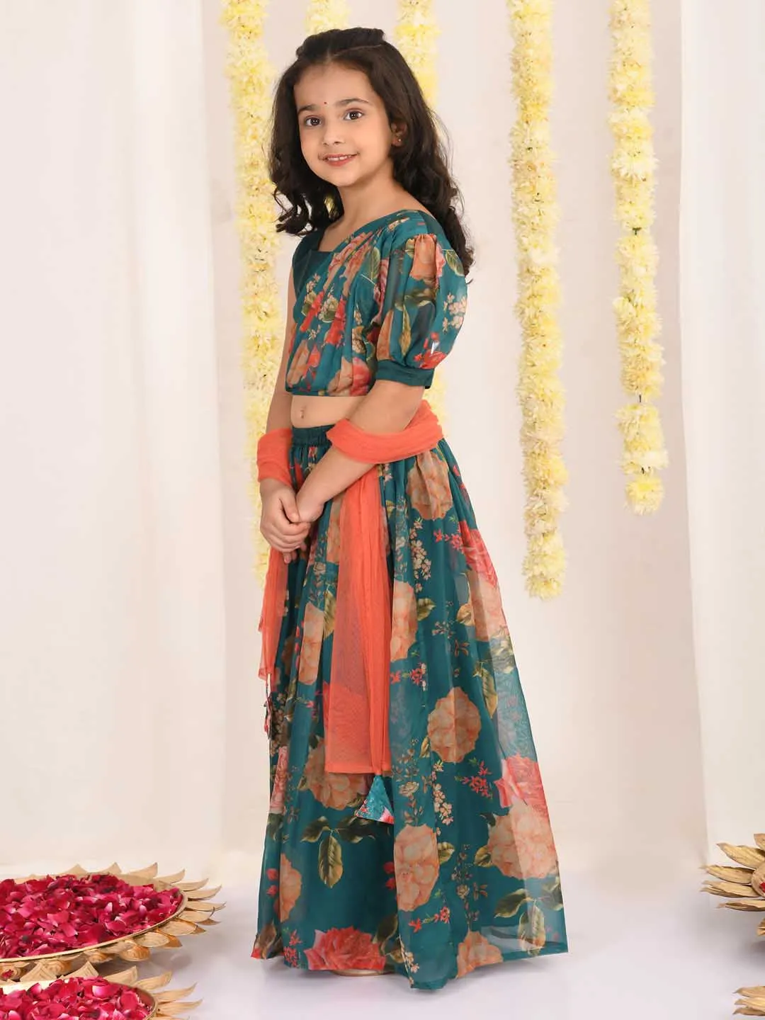 Jashvi Girls'  Green Printed Organza Lehenga With Dupatta Set