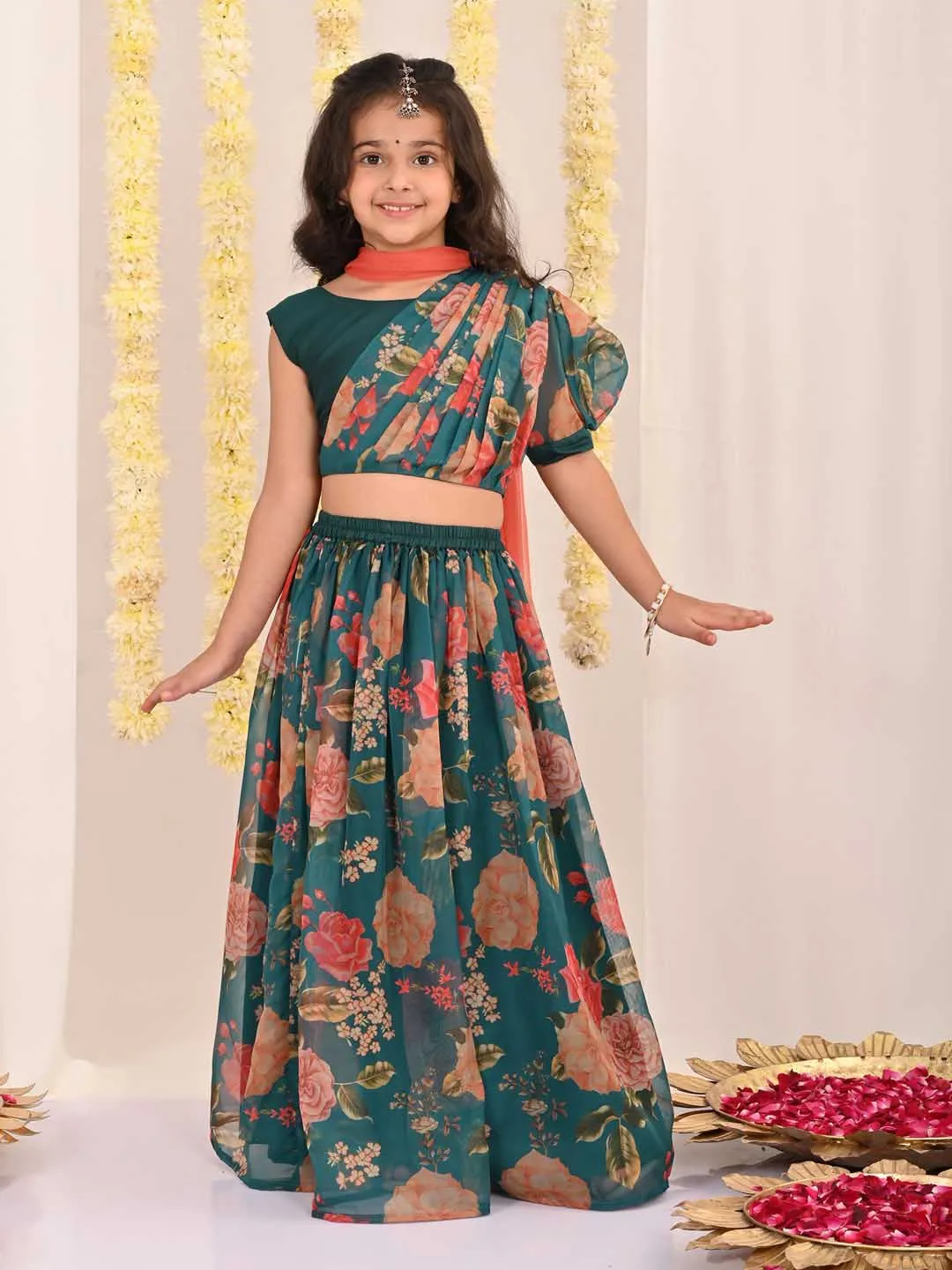 Jashvi Girls'  Green Printed Organza Lehenga With Dupatta Set