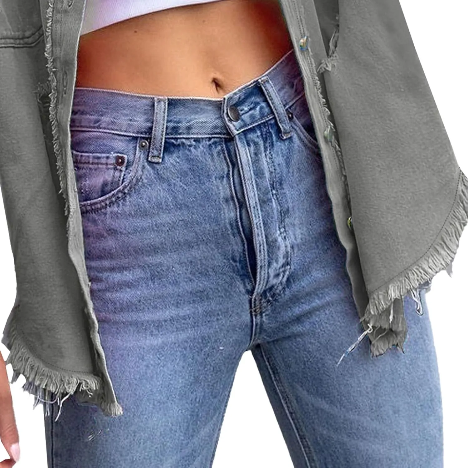 Long Denim Jacket Women Light Weight Jean Jacket for Women Trendy Classic Lapel Button Down Up Frayed Hem