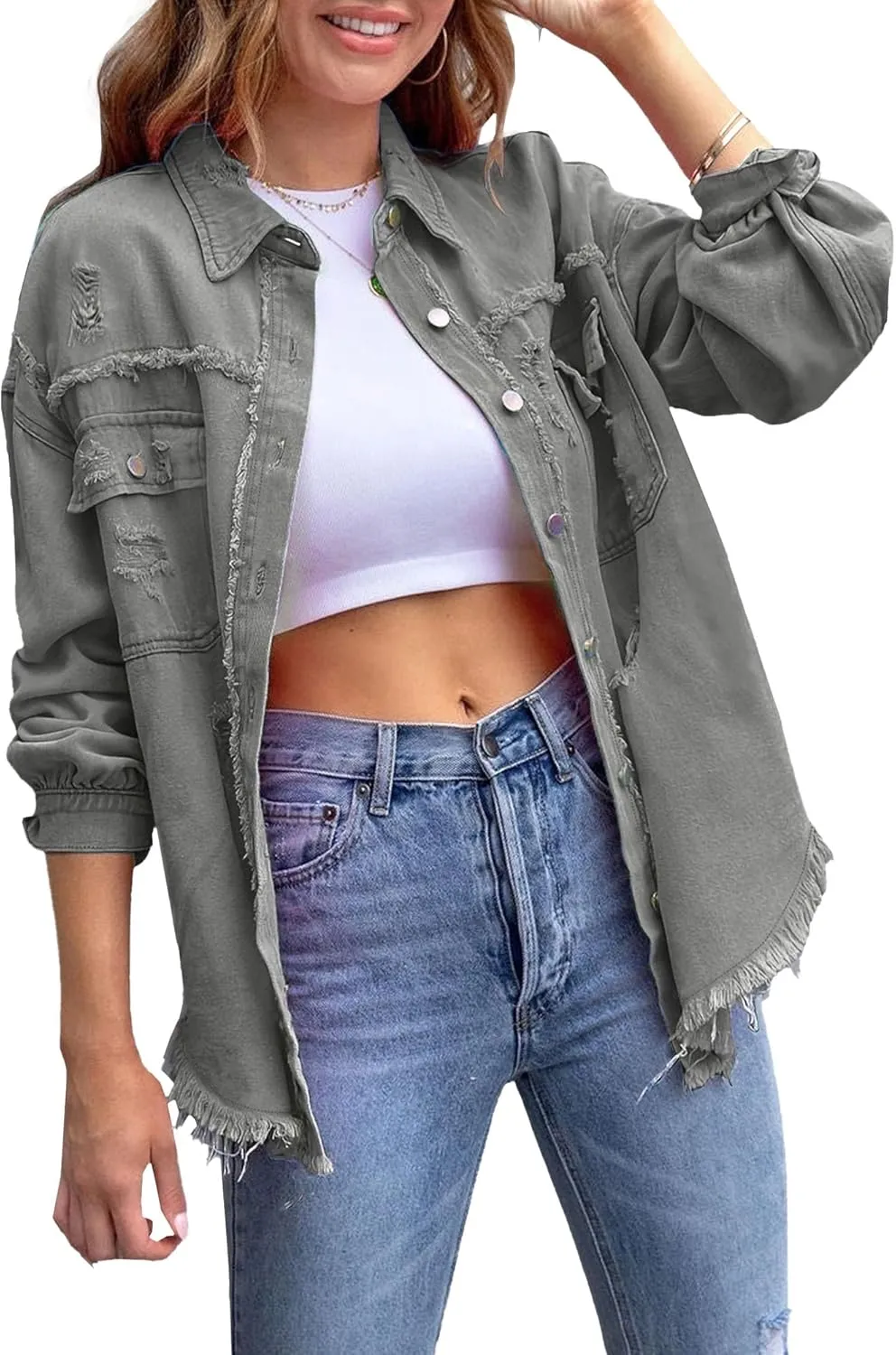 Long Denim Jacket Women Light Weight Jean Jacket for Women Trendy Classic Lapel Button Down Up Frayed Hem