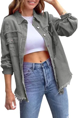 Long Denim Jacket Women Light Weight Jean Jacket for Women Trendy Classic Lapel Button Down Up Frayed Hem