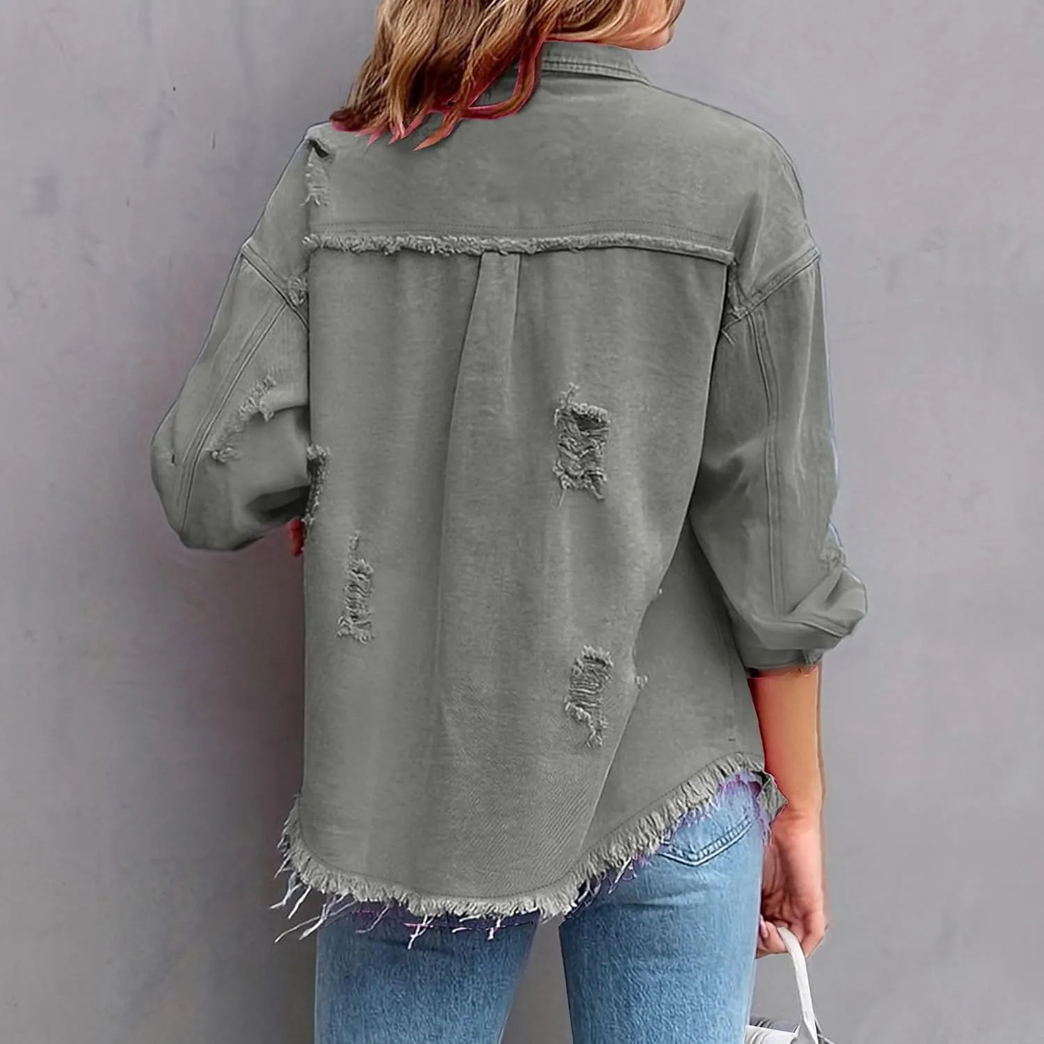 Long Denim Jacket Women Light Weight Jean Jacket for Women Trendy Classic Lapel Button Down Up Frayed Hem