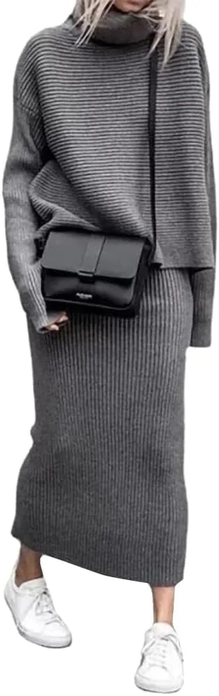 loveimgs Women's 2 Piece Outfits Ribbed Knit Long Sleeve Turtleneck Midi Pencil Skirt Set Casual Two Piece Dress